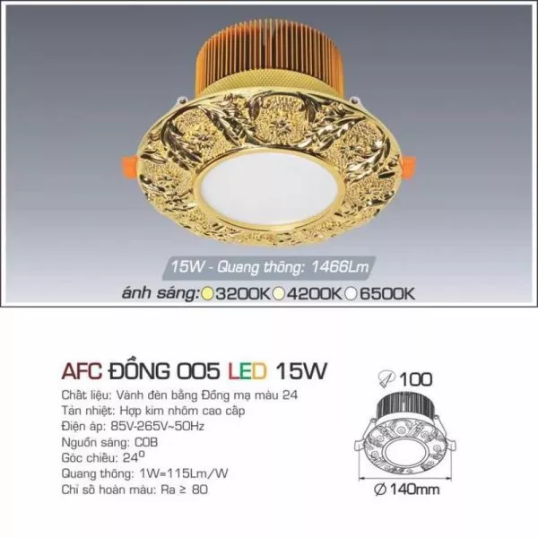 Đèn Downlight Âm Trần Nhà Phố, Biệt Thự Cổ Điển Cao Cấp, 15Wat, Thân Kim Loại Đồng Cao Cấp Afc005/15