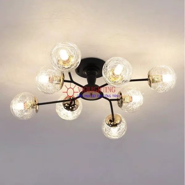 Đèn Gắn Trần Phòng Khách-Bàn Ăn Hiện Đại 8 Chao Thủy Tinh Dc-147