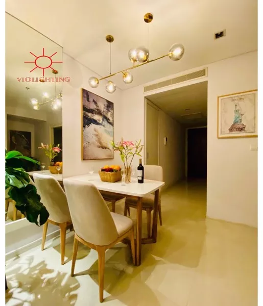 Đèn Thả Decor - Khung Ngang, Kim Loại Phối Thủy Tinh Cầu Xám Khói 5 Bóng Tdc-1812