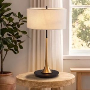 Đèn bàn chụp vải trắng, thân kim loại si vàng-đồng DB-326