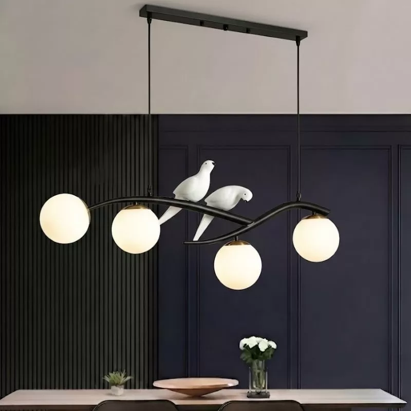 Đèn thả decor - thiết kế ngang, song điêu trắng phối quả cầu thủy tinh TDC-157
