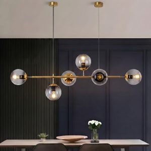 Đèn thả decor – khung ngang, kim loại phối thủy tinh cầu xám khói 5 bóng TDC-1812