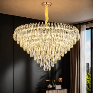Đèn chùm pha lê cao cấp, thiết kế tròn, phale hình lá phối màu khói DC-1049