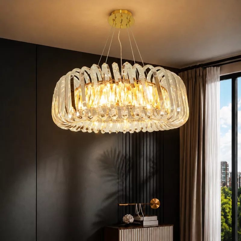 Đèn thả phòng khách-bàn ăn, mâm inox vàng phối phale nghệ thuật DC-104