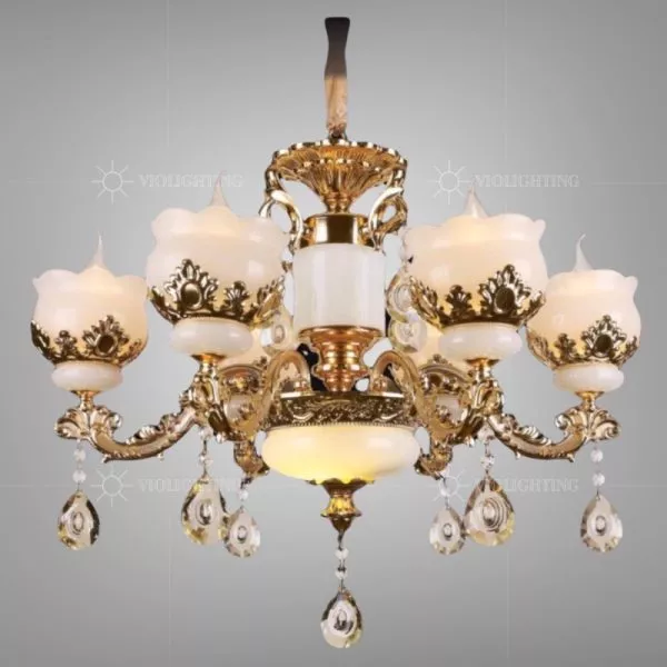 Đèn Chùm Phòng Khách-Bàn Ăn, Thân Hợp Kim, Phối Chao Thủy Tinh Dc-2044
