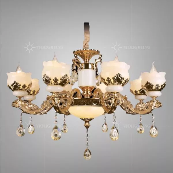 Đèn Chùm Phòng Khách-Bàn Ăn, Thân Hợp Kim, Phối Chao Thủy Tinh Dc-2044