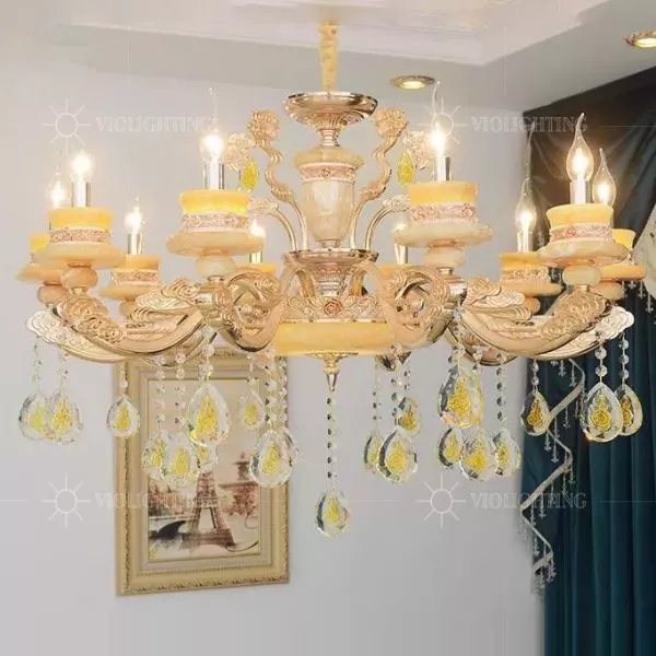 Đèn Chùm Tay Nến-Thân Hợp Kim Phối Chao Đá Cẩm Thạch Dc-2021