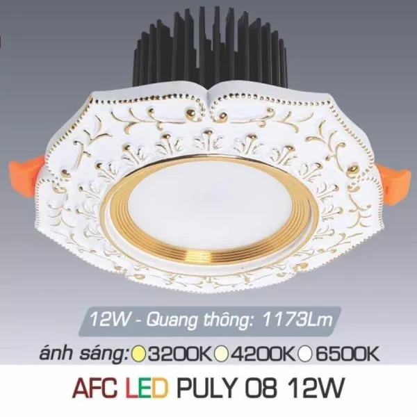 Đèn Downlight Âm Trần Nhà Phố, Biệt Thự Cổ Điển Cao Cấp, 12Wat, Mặt Puly Cao Cấp Afc08