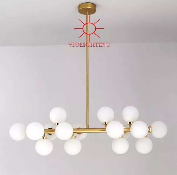 Đèn Gắn Trần Kiểu Ngang, Thân Si Vàng Đồng, Chao Thủy Tinh Đục 16 Bóng Dc-154V