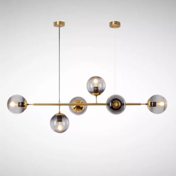 Đèn Thả Decor - Khung Ngang, Kim Loại Phối Thủy Tinh Cầu Xám Khói 5 Bóng Tdc-1812