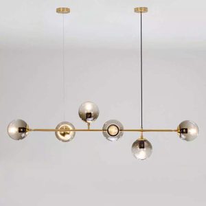 Đèn thả decor – khung ngang, kim loại phối thủy tinh cầu xám khói 5 bóng TDC-1812