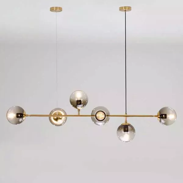 Đèn Thả Decor - Khung Ngang, Kim Loại Phối Thủy Tinh Cầu Xám Khói 5 Bóng Tdc-1812