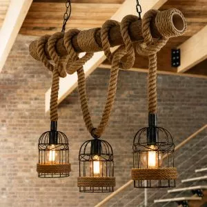 Đèn thả decor – thiết kế thanh gỗ ngang, treo dây thừng nghệ thuật TDC-107