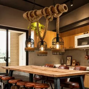 Đèn thả decor – thiết kế thanh gỗ ngang, treo dây thừng nghệ thuật TDC-107