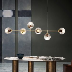 Đèn thả hiện đại – khung ngang, kim loại phối thủy tinh cầu xám khói 5 bóng DT-36