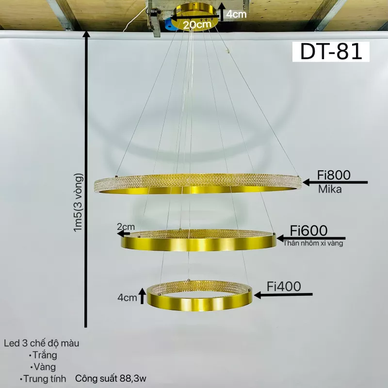 Đèn thả hiện đại - thiết kế 3 vòng, inox vàng cao cấp DT-81 - Hình ảnh 4