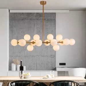 Đèn thả kiểu ngang, thân si vàng đồng, chao thủy tinh đục 16 Bóng DT-70