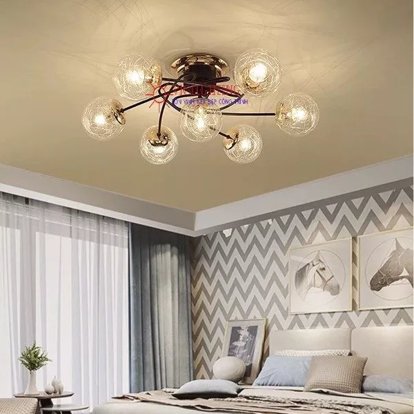 Đèn Gắn Trần Phòng Khách-Bàn Ăn Hiện Đại, Chao Thủy Tinh 7 Bóng Dc-149