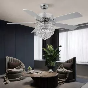 Quạt trần đèn, 5 cánh nhựa, phối khung pha lê cao cấp QT-131