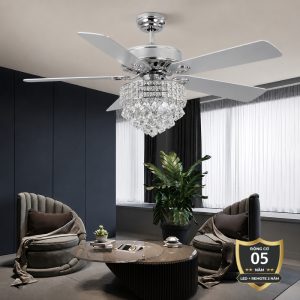 Quạt trần đèn, 5 cánh nhựa, phối khung pha lê cao cấp QT-131