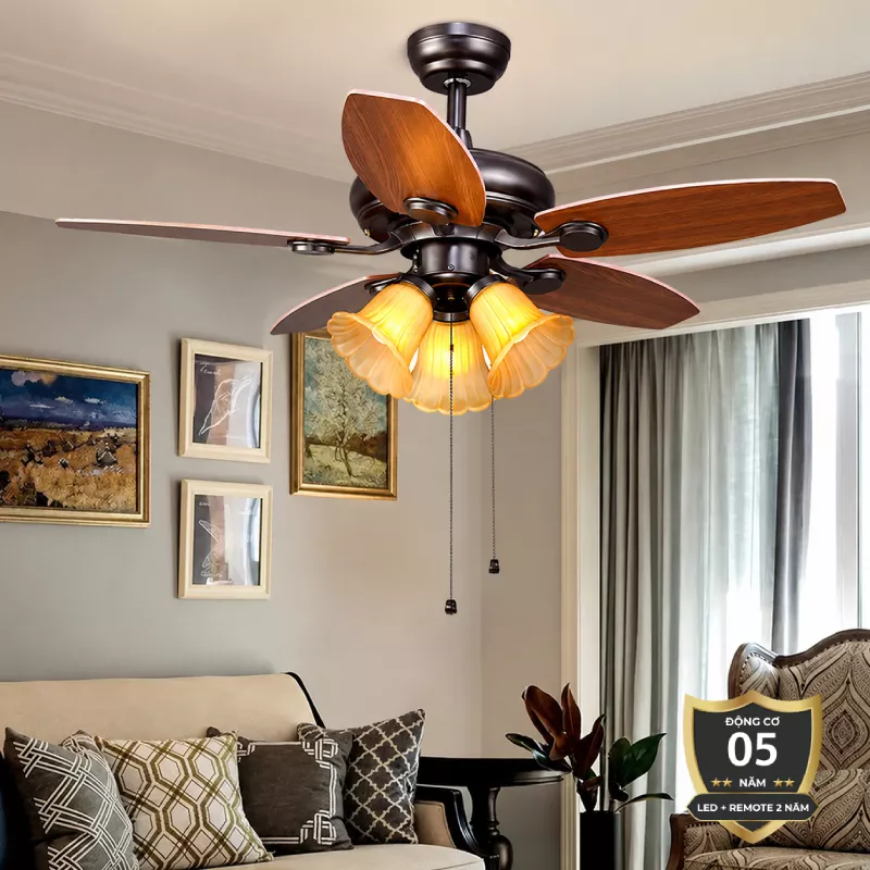 Quạt trần đèn, 5 cánh gỗ, thiết kế cổ điển QT-135