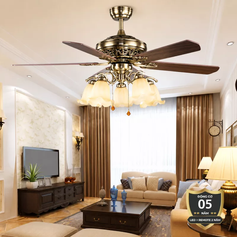 Quạt trần đèn, 5 cánh gỗ, thiết kế cổ điển QT-137