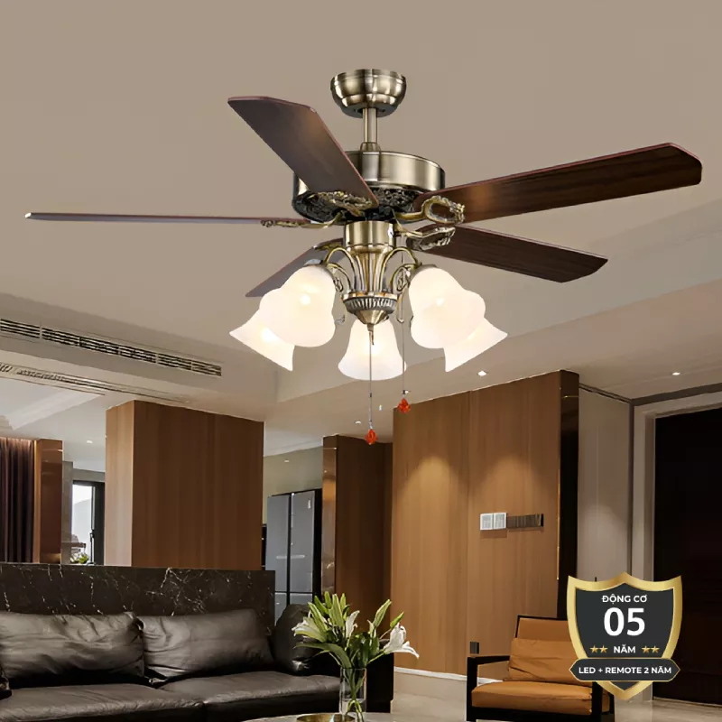 Quạt trần đèn, 5 cánh gỗ, thiết kế cổ điển QT-138