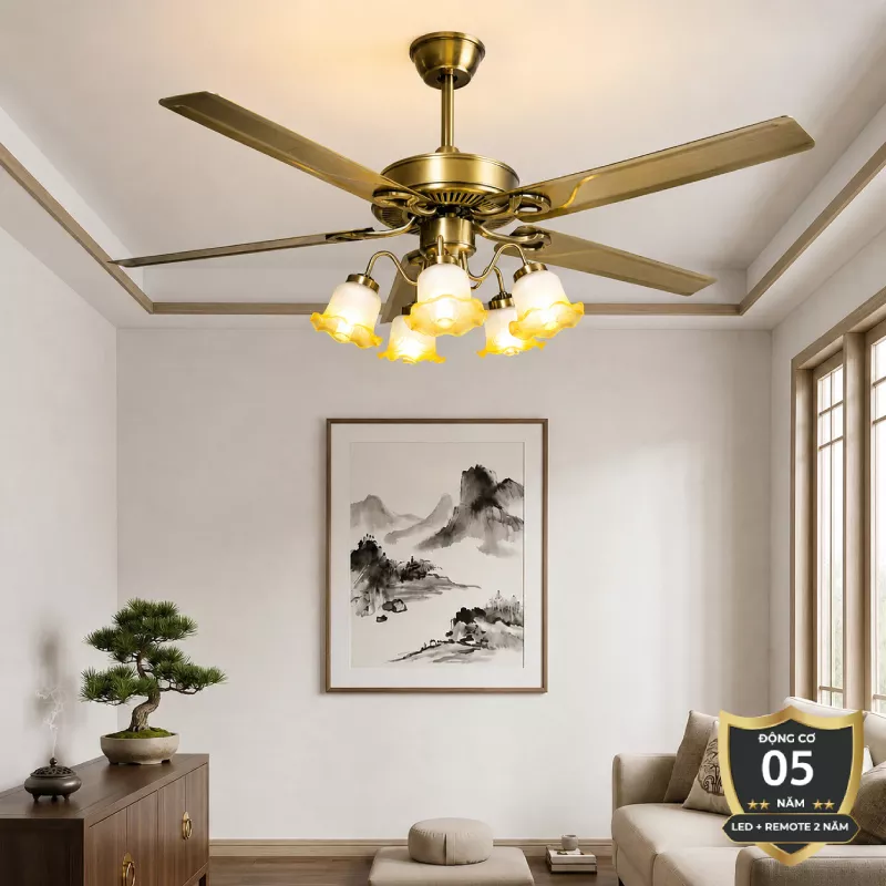 Quạt trần đèn, cánh kim loại, thiết kế cổ điển QT-103