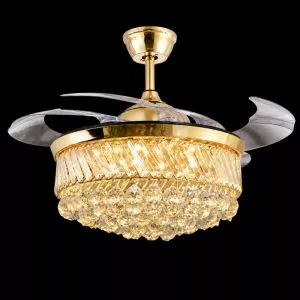 Quạt trần đèn, cánh xếp, phối khung pha lê cao cấp QT-112