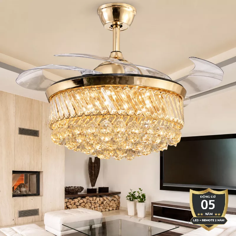 Quạt trần đèn, cánh xếp, phối khung pha lê cao cấp QT-112