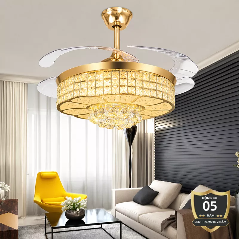 Quạt trần đèn, cánh xếp, phối khung pha lê cao cấp QT-113