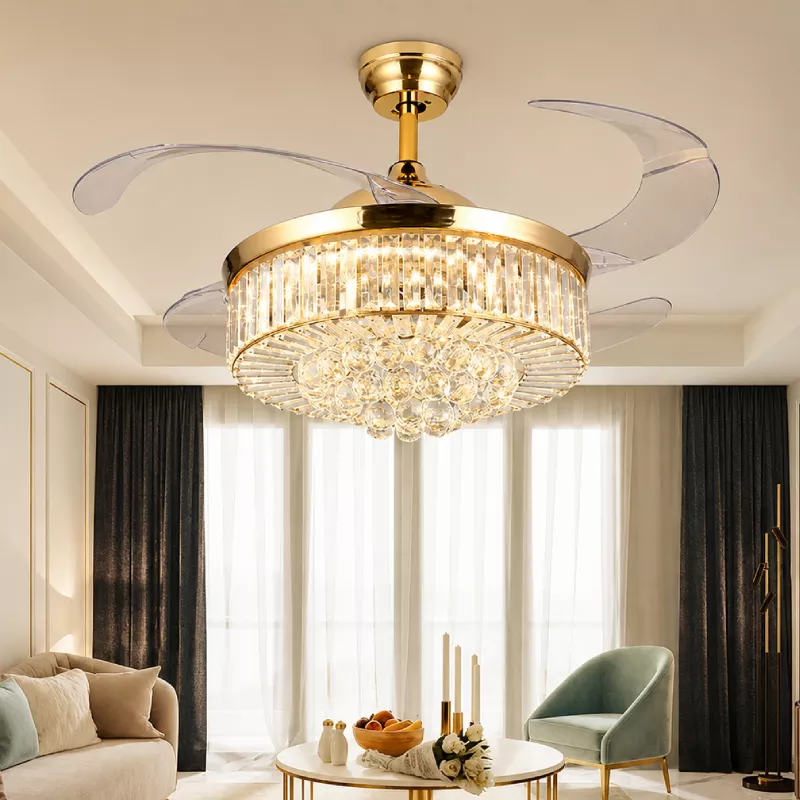 Quạt trần đèn, cánh xếp, phối khung pha lê cao cấp QT-121