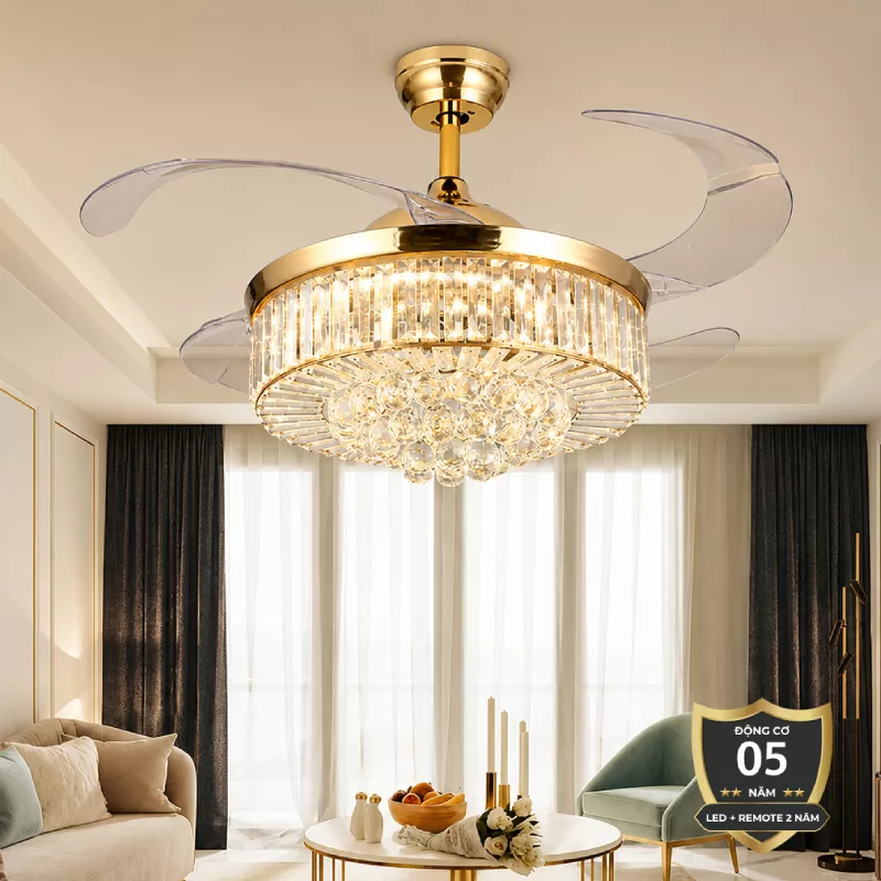 Quạt trần đèn, cánh xếp, phối khung pha lê cao cấp QT-121