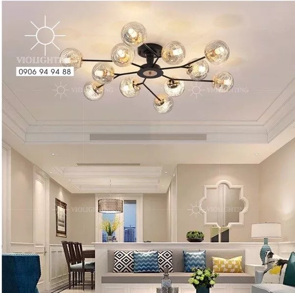 Đèn Gắn Trần Phòng Khách-Bàn Ăn 12 Chao Thủy Tinh Hiện Đại Dc-148