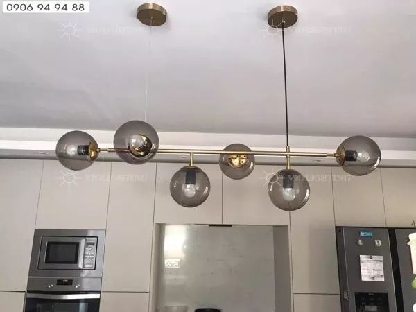 Đèn Thả Decor - Khung Ngang, Kim Loại Phối Thủy Tinh Cầu Xám Khói 5 Bóng Tdc-1812