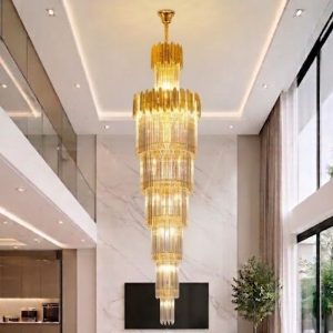 Đèn trang trí thông tầng – sảnh, kim loại phối thẻ pha lê cao cấp DTT-131