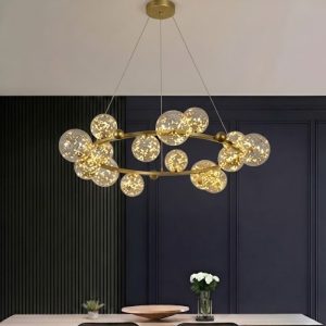 Đèn chùm hiện đại – thiết kế vòng tròn kim loại phối chao thủy tinh DC-426