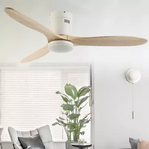 Quạt trần 3 cánh gỗ màu nâu sáng, tích hợp đèn LED, thiết kế hiện đại QT-187