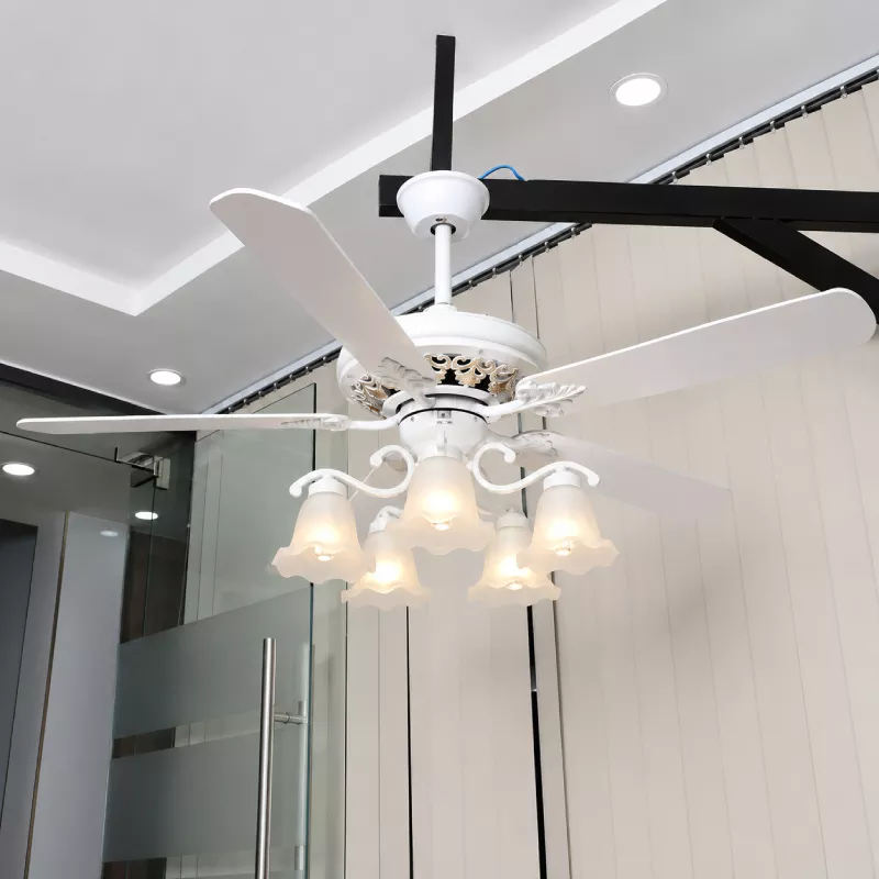 Quạt trần đèn, 5 cánh gỗ, thiết kế chao đá cổ điển QT-182 - Hình ảnh 3
