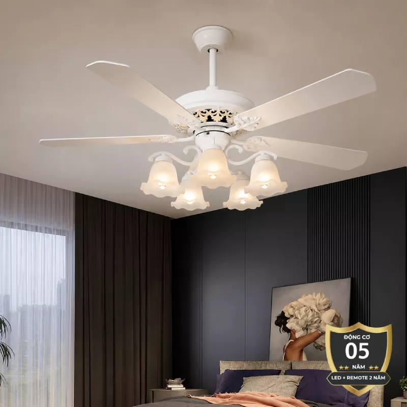Quạt trần đèn, 5 cánh gỗ, thiết kế chao đá cổ điển QT-182