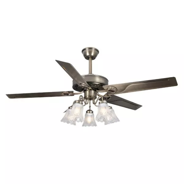 Quạt Trần Đèn, 5 Cánh Kim Loại Màu Bạc, Thiết Kế Chao Đá Cổ Điển Qt-180