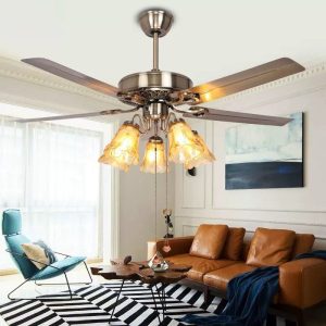 Quạt trần đèn, 5 cánh kim loại màu Bạc, thiết kế chao đá cổ điển QT-180