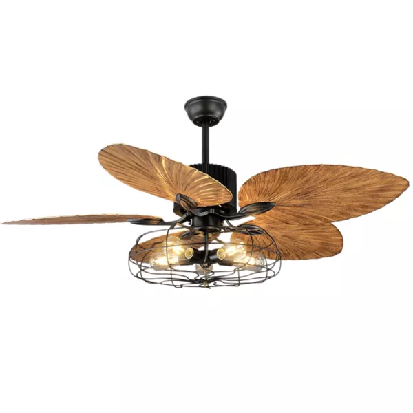 Quạt Trần Đèn 5 Cánh Lá Cọ Thiết Kế Retro Nghệ Thuật Qt-193