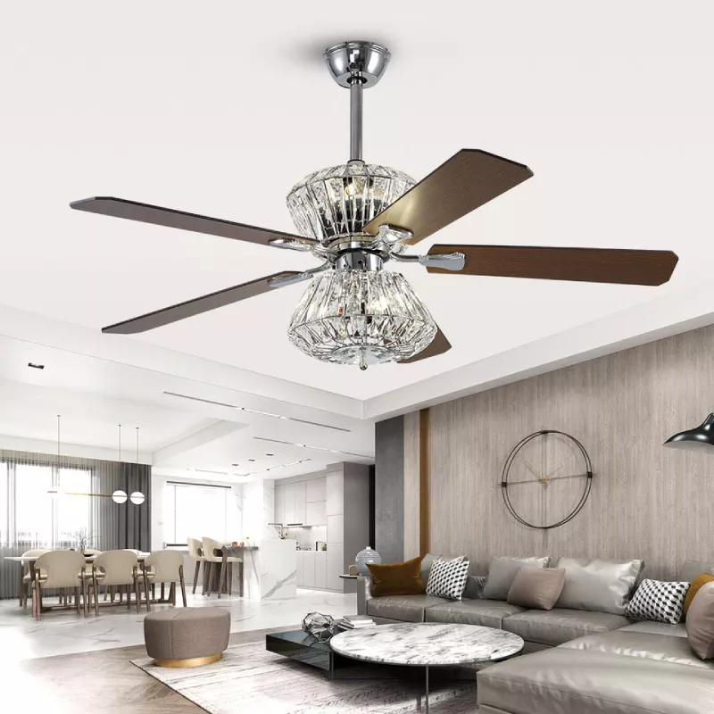 Quạt trần 5 cánh gỗ - trang trí đèn pha lê sang trọng QT-45