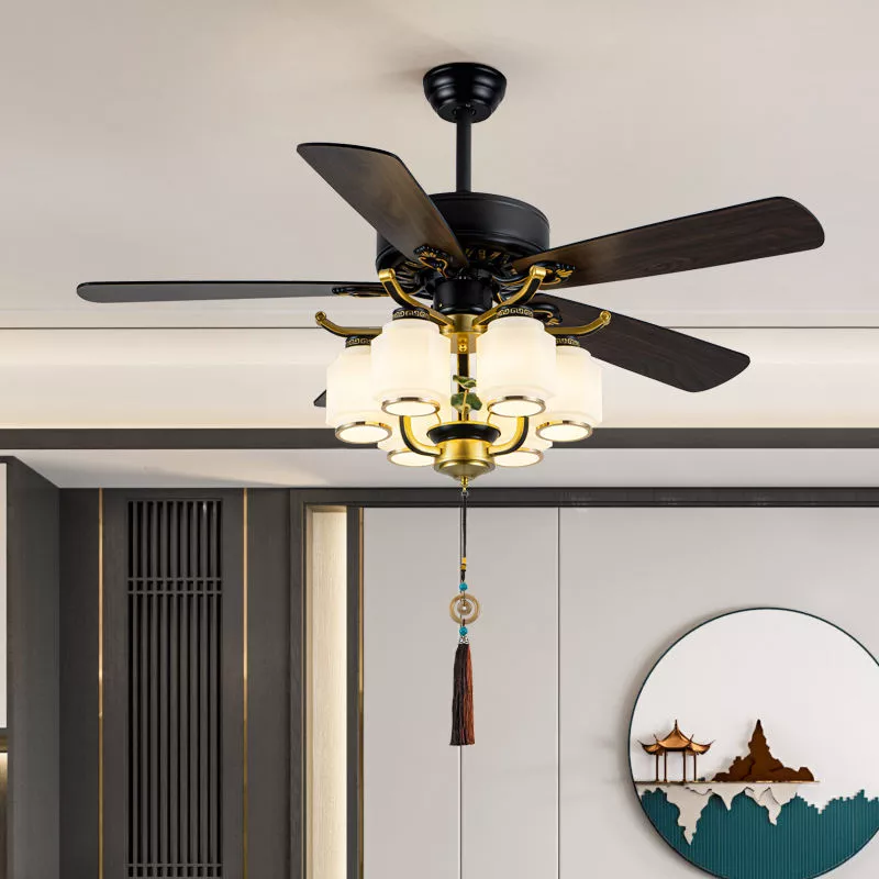 Quạt trần đèn 5 cánh gỗ, phong cách cổ điển QT-74