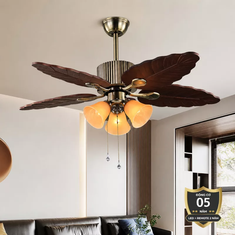 Quạt trần đèn 5 cánh thiết kế hình lá phong cách cổ điển QT-82