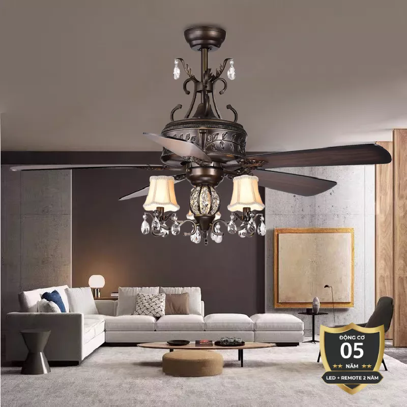 Quạt trần đèn 5 cánh thiết kế phong cách cổ điển QT-108