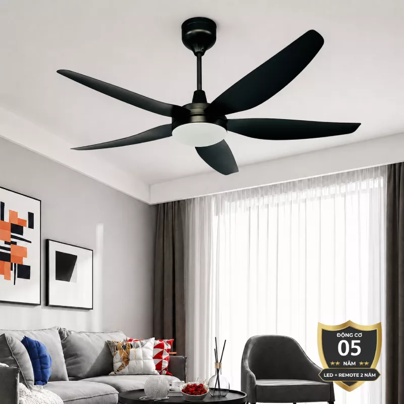 Quạt trần đèn, phong cách hiện đại, 5 cánh đen QT-73