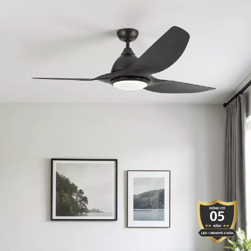 Quạt trần đèn thiết kế 3 cánh màu đen tối giản, hiện đại QT-112