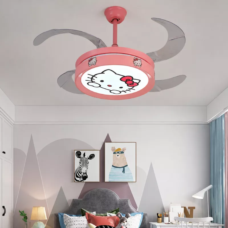 Quạt trần đèn thiết kế 4 cánh màu hồng họa tiết dễ thương cho bé QT-84